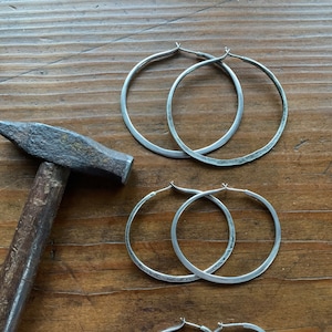 Unique Hand Forged Sterling Silver Hoop Earrings - Rustic Silver Hoops - Classic Chunky / Hammered Rustic BOHO Everyday Wear Jewelry