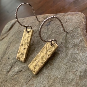 Polished Gold Brass Bar Earrings w/ Sterling Silver Ear Wire & Unique Texture Pattern - Simple Classic Minimalist Jewelry Gifts for Her