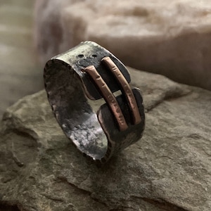 Rustic Sterling Silver & Celtic Bronze / Gold 8mm Band Custom Size - Unisex Mixed Metals Wedding Ring - Unique Modern Viking Jewelry