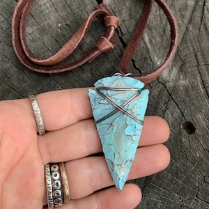 Unique Turquoise Arrowhead Pendant - Tribal Adjustable Leather & Stone Copper Necklace - December Birthstone Unisex Jewelry Gift for Him Her