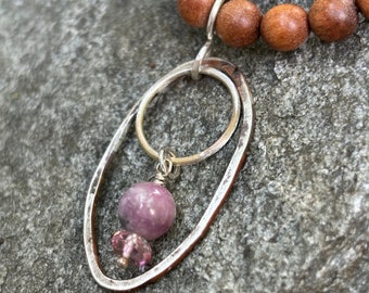 Sandalwood Mala Necklace w/ Lepidolite & Pink Topaz 925 Sterling Silver Charm Pendant  - Unique Tribal Wood Bead Necklace