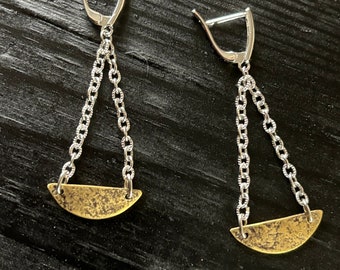 Mixed Metal Silver & Gold Half Circle Dangle Lever Back Earrings - Every Day Wear Fashion - Rustic Jewelry Gift for Her