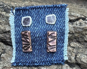 Set of 4 Stud Earrings w Sterling Posts / Sterling Silver Nuggets & Textured Copper Bar Earrings - Unique Unisex Jewelry Gift for Him Her