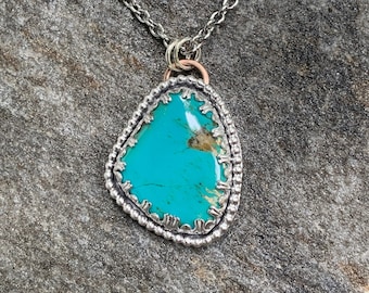 Campitos Turquoise Pendant 925 Sterling Silver Metalwork Necklace w/ Bronze Accents - Unique December Birthstone Metalmsithing Jewelry Gift