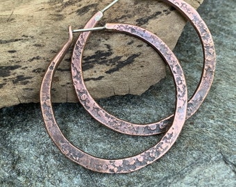 Unique Distressed Copper Hoop Earrings - Rustic Oxidized 7th Anniversary Jewelry Gift for Her - Eco Friendly Recycled Metalwork