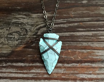 Tribal Turquoise Arrowhead Necklace - Copper Wire Wrapped Jasper - December Birthstone Jewelry - Unique Unisex Gifts for Him or Her