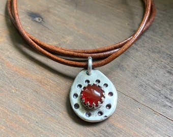 Carnelian Teardrop Pendant - Thick Recycled 925 Sterling Silver Rustic Tribal Adjustable Leather Necklace for Men or Women - Jewelry Set