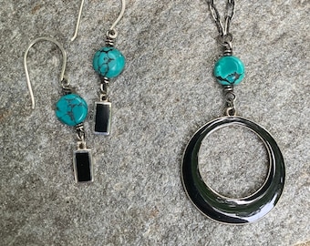 Natural Hubei Turquoise Necklace & Earring Set - 925 Sterling Silver w/ Black Onyx and Enamel - December Birthstone Jewelry Gift for Her