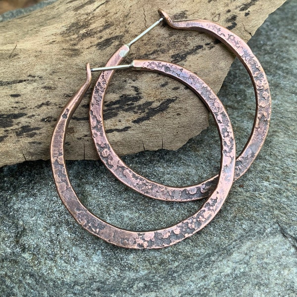 Unique Distressed Copper Hoop Earrings - Rustic Oxidized 7th Anniversary Jewelry Gift for Her - Eco Friendly Recycled Metalwork
