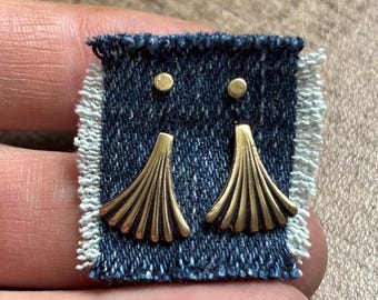 Art Deco Fan Earrings w/ 2mm Tiny Studs - Set of 4 Gold Brass Earrings w/ 925 Sterling Silver Posts & Backs - Unique Jewelry Gift for Women