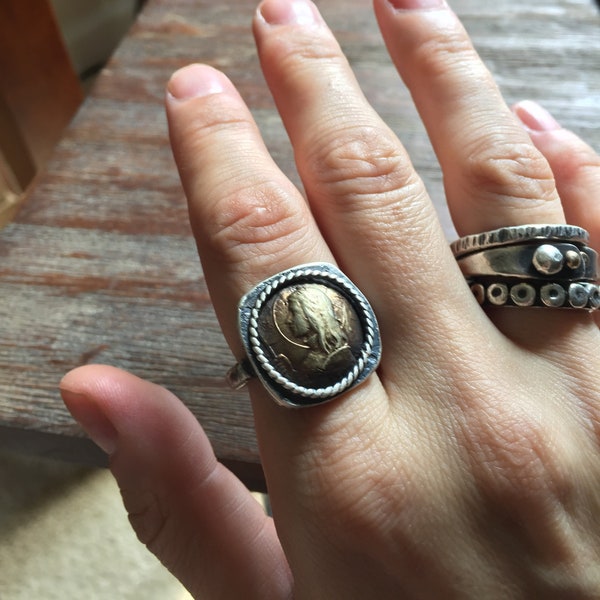 Joan of Arc Medal Ring - Women's Inspiration / Religious Spiritual Jewelry - Mixed Metals Sterling Silver & Rustic Antiqued Bronze