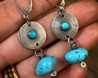 Real Kingman Turquoise Lever Back Earrings - Oxidized Rustic 925 Sterling Silver Metalsmith Jewelry Gift for Her - December Birthstone