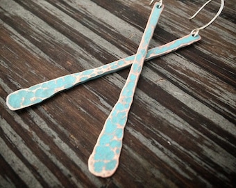 Long Bar Copper Paddle Earrings - Turquoise Verdigris Patina / Hammered & Textured - Simple Minimalist 7th Anniversary Jewelry Gift