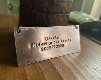 Pet Memorial Plaque or Hanging Sign - Rustic Copper Stamped Metal Label Tag For Urn or Wall - Customizable & Personalized