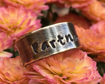 Custom Stamped Gold Brass Wedding Band - Unisex 9mm Personalized Name , Coordinates or Message Ring - 21st Anniversary Jewelry Gift