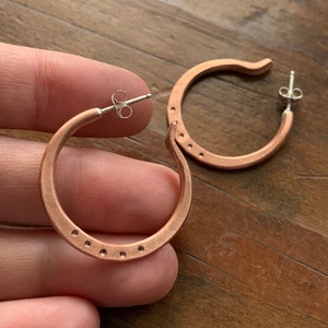 1" Large Raw Shiny Copper Hoop Earrings - Hand Forged Jewelry Gift for Her - Unique Viking, Celtic, Minimalist Style for Every Day Wear