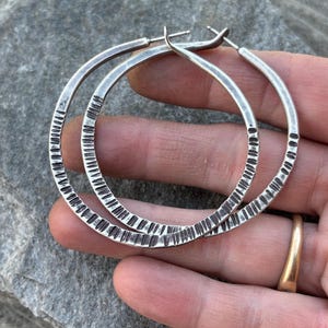 Big Chunky Sterling Silver Hoops - Large Organic Textured Rustic Earrings - Hand Forged Metalwork Gift For Her - Everyday Wear Jewelry 4.5cm