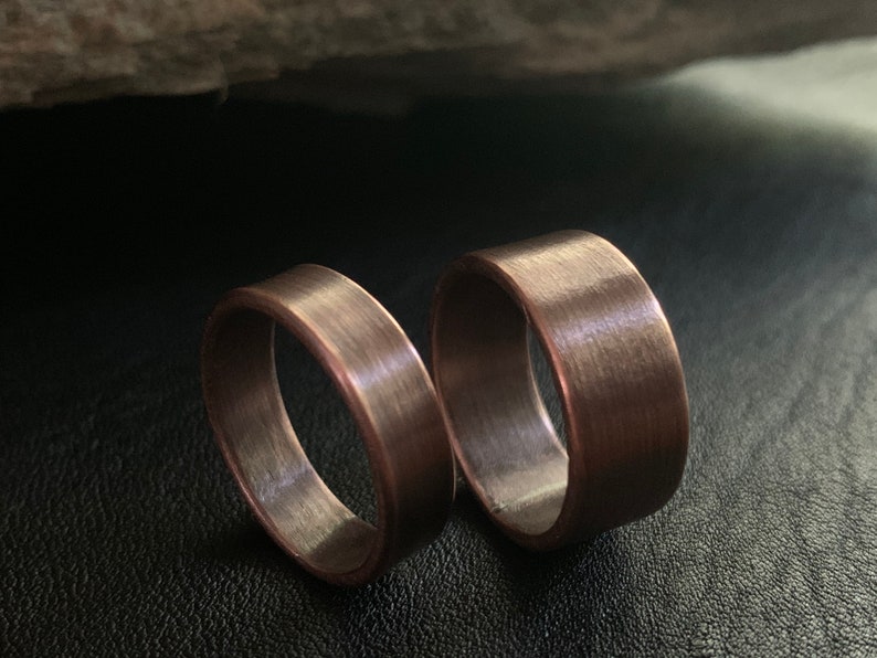 Solid Copper Wedding Band Ring Set 9mm or 6mm Width Unique Rustic 7th Anniversary His & Hers Jewelry Gift image 4