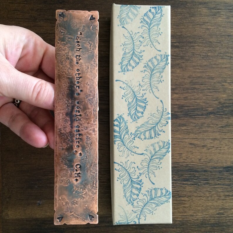 Personalized Rustic Copper Bookmark Custom Stamped Quote Metal Book Mark 7th Anniversary Gift for Readers, Teachers, Students image 4