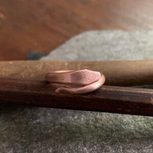 Puede incluir: Un anillo de serpiente de oro rosa con un acabado texturizado. El anillo est&aacute; enrollado y la cabeza de la serpiente est&aacute; mirando hacia adelante.