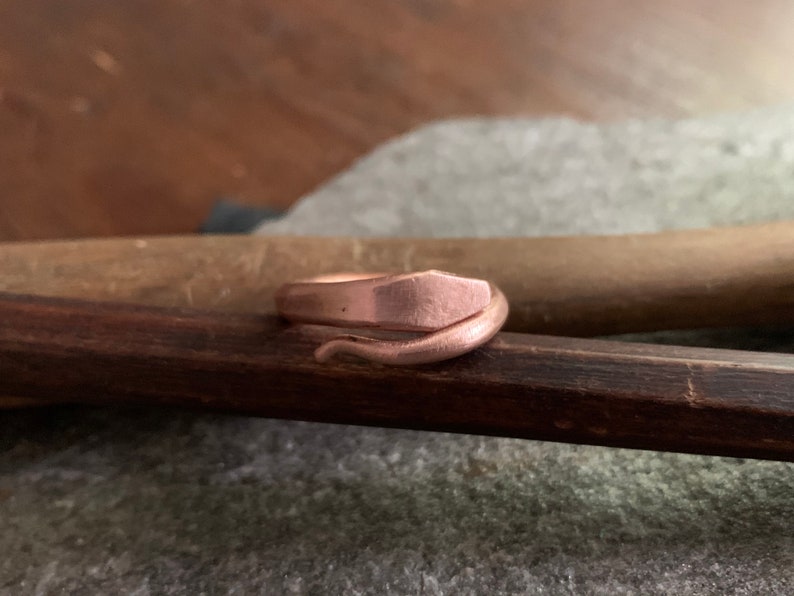 Puede incluir: Un anillo de serpiente de oro rosa con un acabado texturizado. El anillo est&aacute; enrollado y la cabeza de la serpiente est&aacute; mirando hacia adelante.