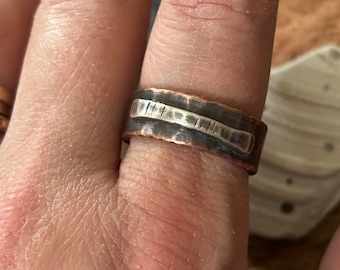 8mm Rustic Copper Wedding Band w/ Sterling Silver Accents Size 10.75 READY TO SHIP - 7th Anniversary Gift for Him or Her