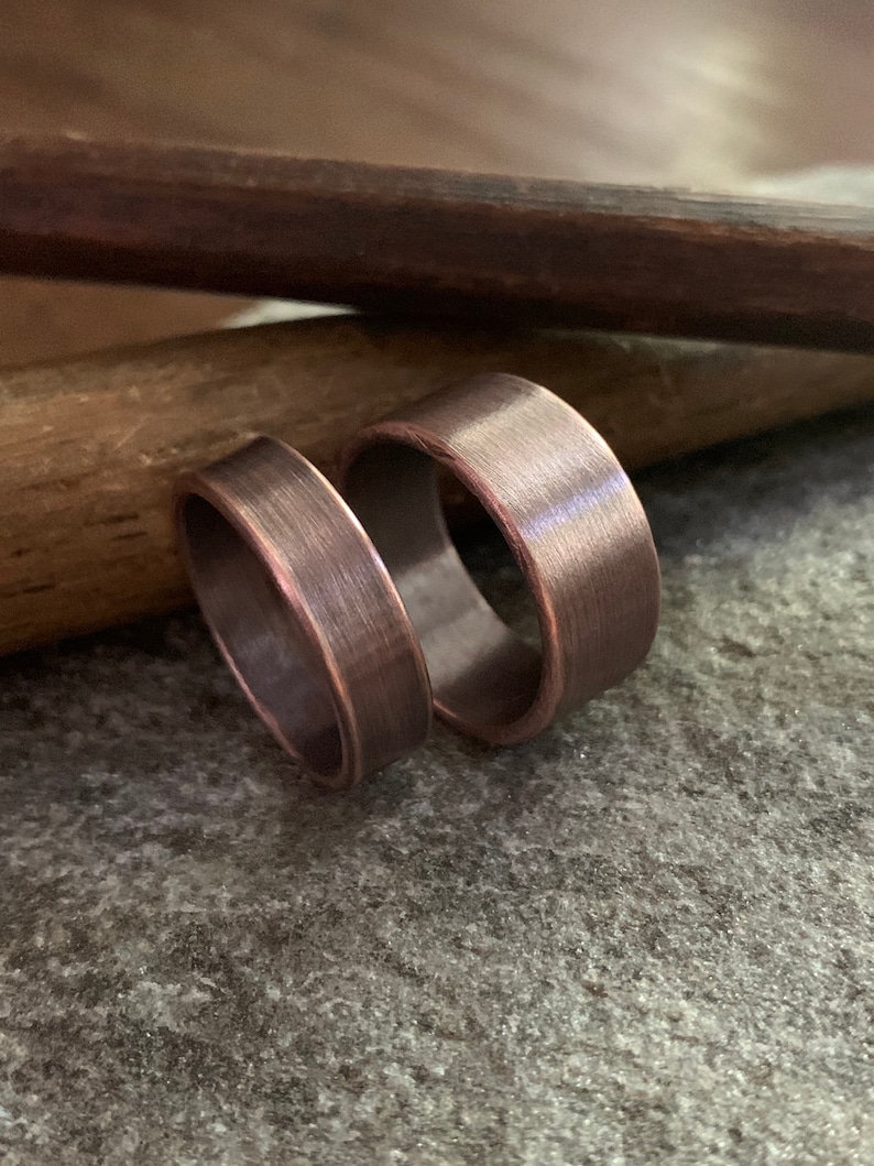 Solid Copper Wedding Band Ring Set 9mm or 6mm Width Unique Rustic 7th Anniversary His & Hers Jewelry Gift image 9