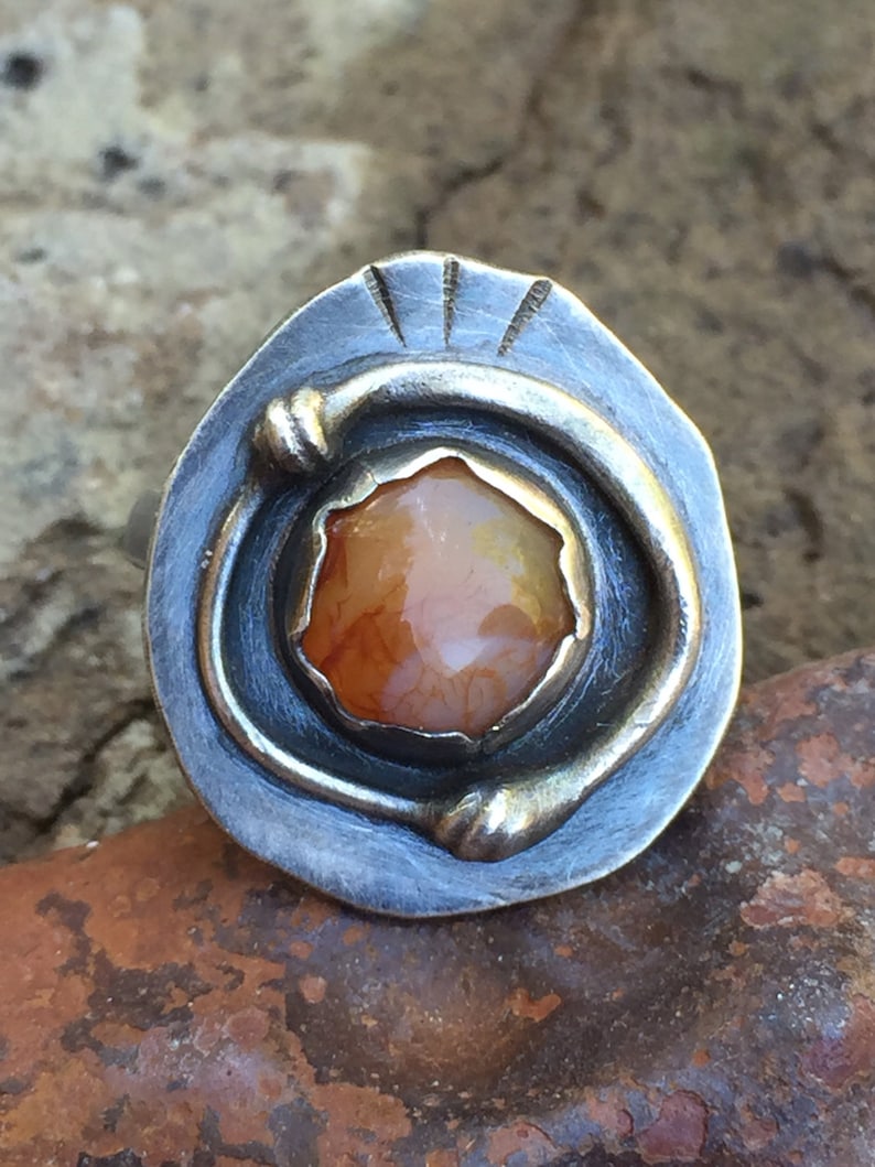 Modern Bohemian Orange Agate Ring BOHO Fall Fashion Oxidized Sterling Silver Artisan Metalwork Jewelry w Oregon Beach Pebble