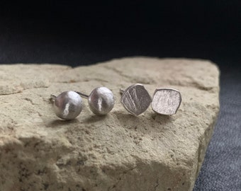 Set of 2 Pair Stud Earrings - 5mm 925 Sterling Silver Ball / Nuggets - Simple Unisex Minimalist Raw Brushed Jewelry Men or Women