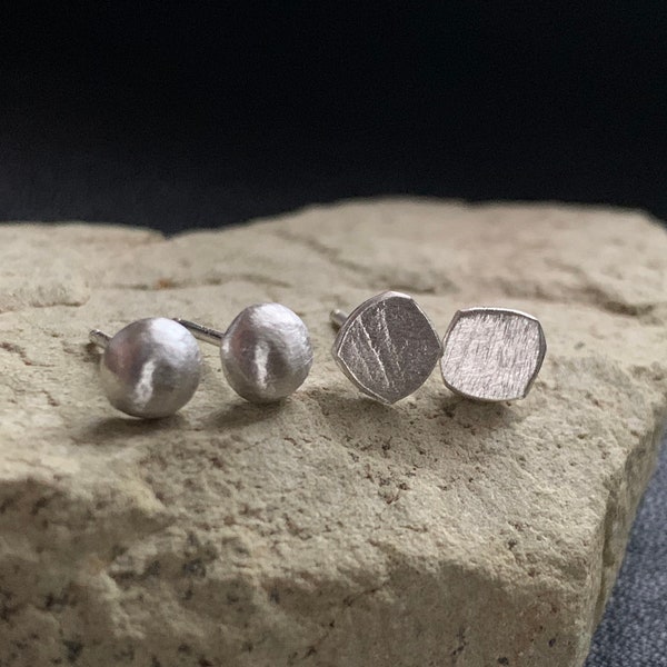 Set of 2 Pair Stud Earrings - 5mm 925 Sterling Silver Ball / Nuggets - Simple Unisex Minimalist Raw Brushed Jewelry Men or Women