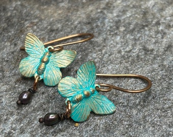 Gold Bronze w/ Turquoise Patina Butterfly & Purple Cultured Pearl Earrings - Unique June Birthstone Jewelry Gift for Her