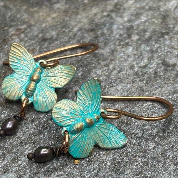 Gold Bronze w/ Turquoise Patina Butterfly & Purple Cultured Pearl Earrings - Unique June Birthstone Jewelry Gift for Her