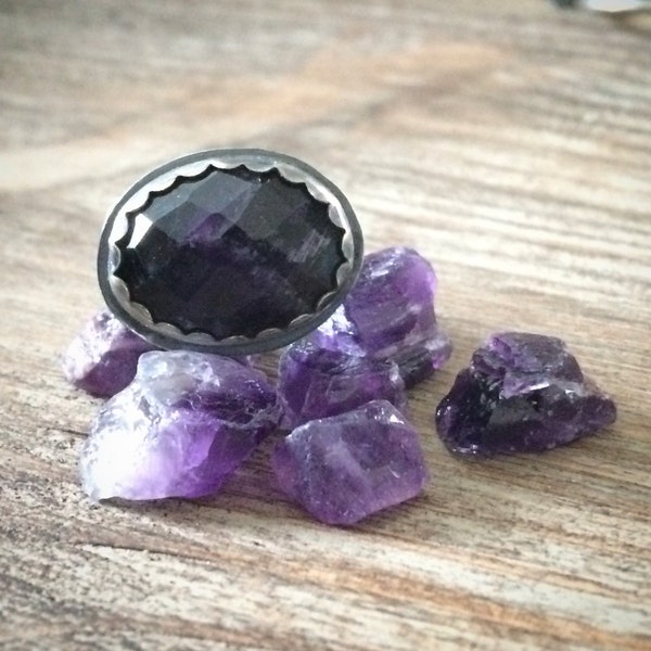 Purple Amethyst Ring - Oxidized Sterling Silver February Birthstone Ring Size 6.5 - 6.75 - Unique Artisan Jewelry Gifts for Her