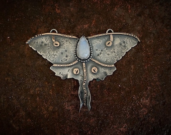 Custom Moonstone Luna Moth Statement Necklace - Unique Mixed Metals Sterling Silver & Gold Bronze Metalsmith Jewelry
