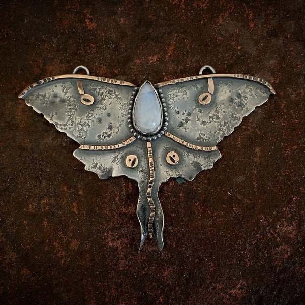 Custom Moonstone Luna Moth Statement Necklace - Unique Mixed Metals Sterling Silver & Gold Bronze Metalsmith Jewelry