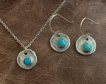 Unique Kingman Natural Turquoise Earring & Necklace Set - Customizable Handmade Metalsmith Jewelry Gift for Her - December Birthstone