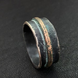 Oxidized Men's Sterling Silver 9mm Wedding Band w/ Rustic Gold Bronze Accent Unique Custom Mixed Metals Viking Ring Unisex for Men Women image 1