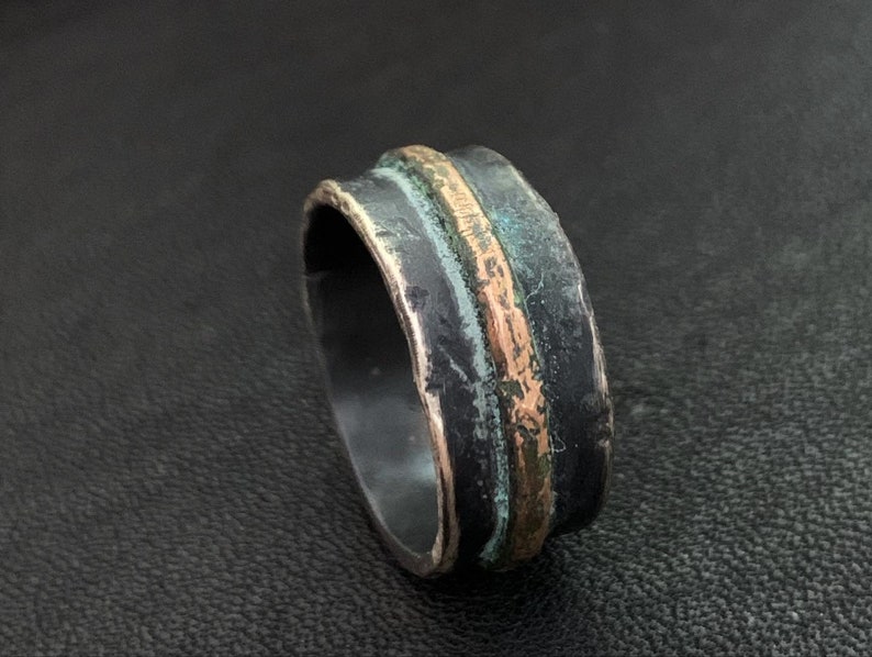 Oxidized Men's Sterling Silver 9mm Wedding Band w/ Rustic Gold Bronze Accent Unique Custom Mixed Metals Viking Ring Unisex for Men Women image 1