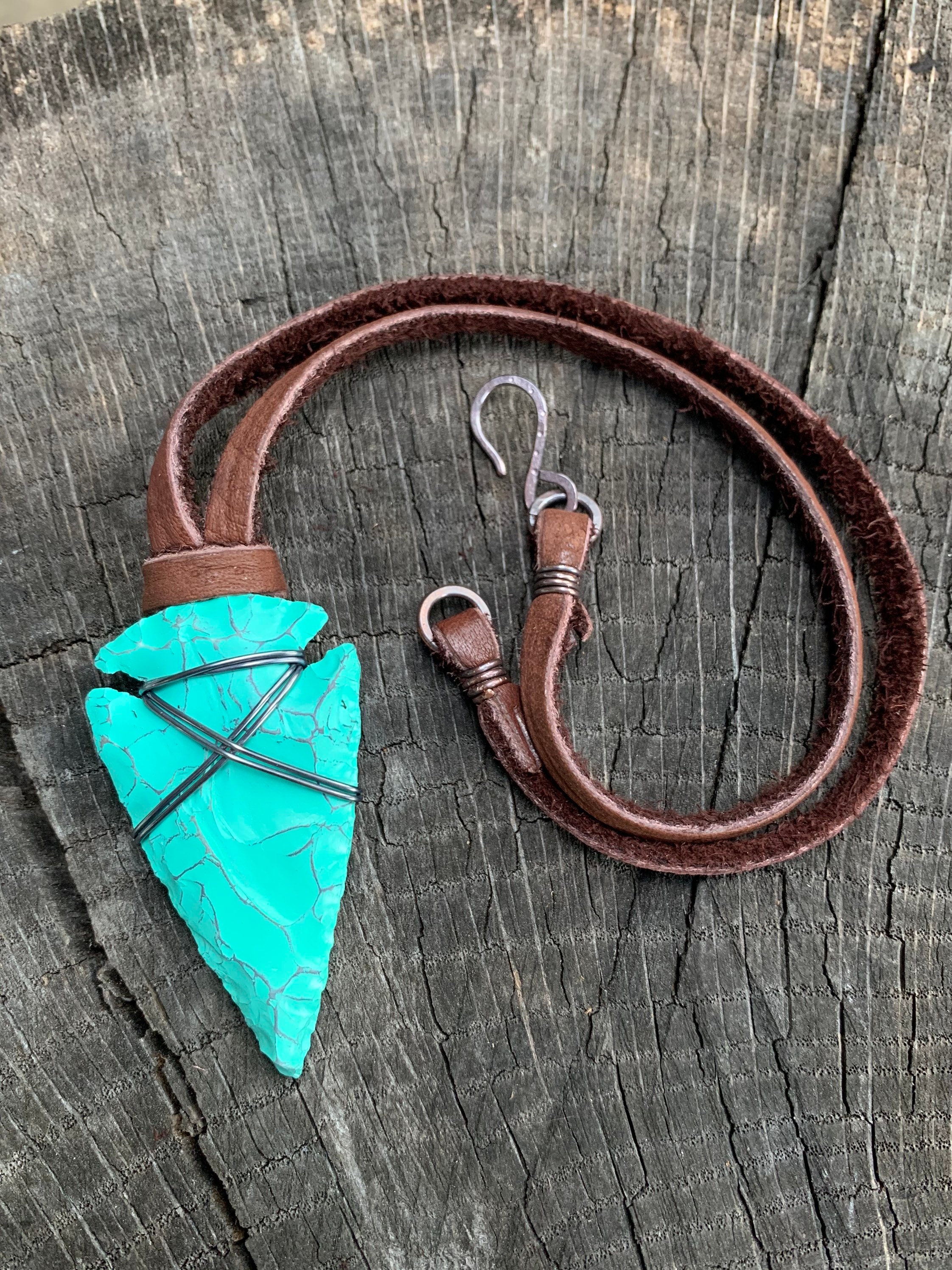 Wire Wrapped Arrowhead Leather Necklace - Unique Rustic