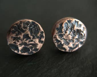 Distressed Rustic Copper Studs - 10mm Unisex Men's or Women's Earthy Industrial Sterling Silver Post Earrings - 7th Anniversary Gift