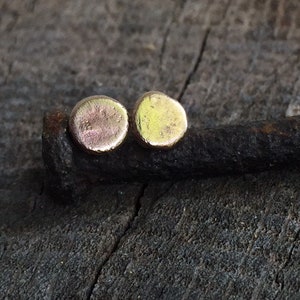 Small Gold Stud Earrings - Unique Polished Celtic Bronze 5mm Flat Organic Nugget w/ 925 Post - Unisex Style Eco-Friendly Recycled Metal