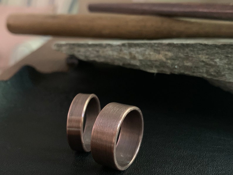 Solid Copper Wedding Band Ring Set 9mm or 6mm Width Unique Rustic 7th Anniversary His & Hers Jewelry Gift image 1