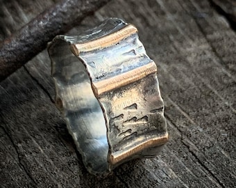 Silver & Gold / Celtic Bronze 10mm Wedding Band - Unique Rustic Distressed Ring for Men or Women Custom size - Modern Viking Jewelry