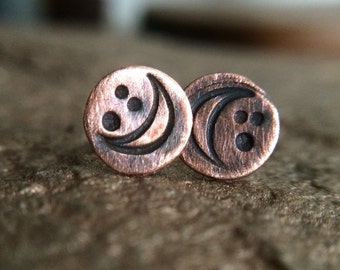 Small Moon Phase Studs - Rustic Copper Waxing / Waning Crecent Lunar Earrings - Unique 7th Anniversary Jewelry Gifts for Her