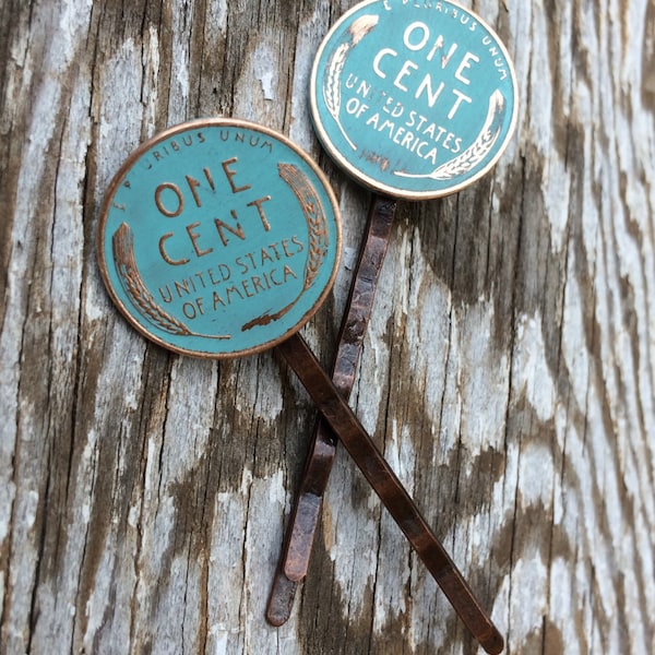 Lucky Penny Copper Hair Pins with Turquoise Verdigris Patina - Rustic Wheat Penny Coin Hair Jewelry - Unique Bobby Pins - Bridesmaid Gifts