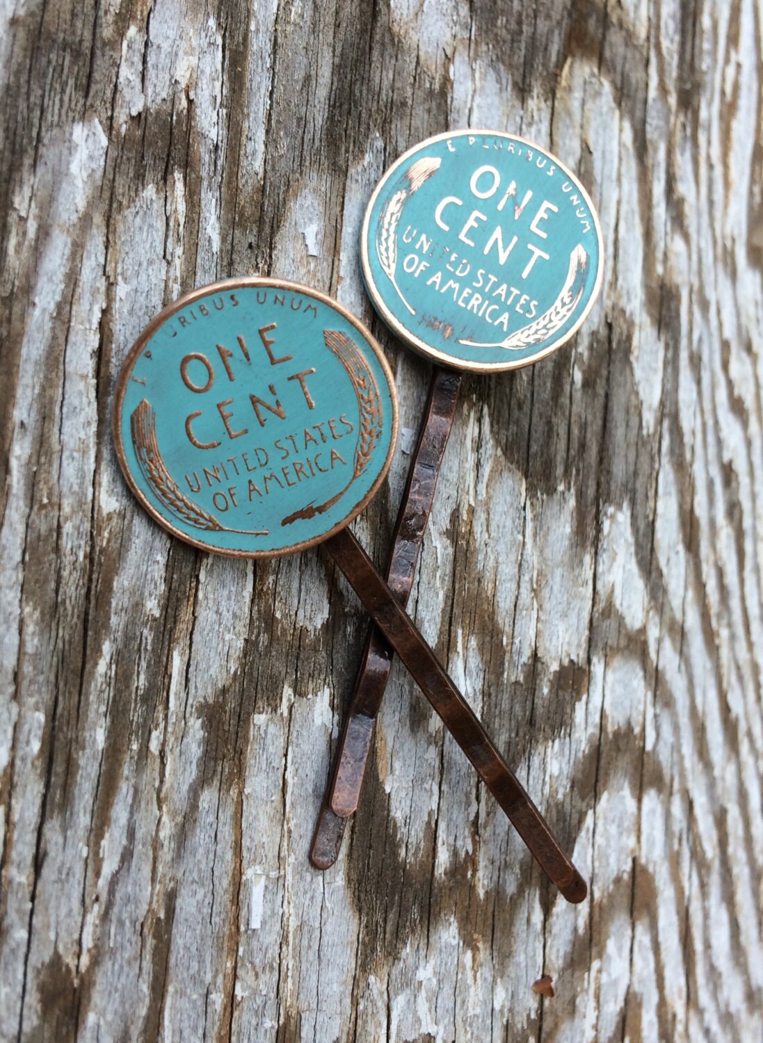 Lucky Penny Copper Hair Pins with Turquoise Verdigris Patina - Rustic Wheat Penny Coin Hair Jewelry - Unique Bobby Pins - Bridesmaid Gifts