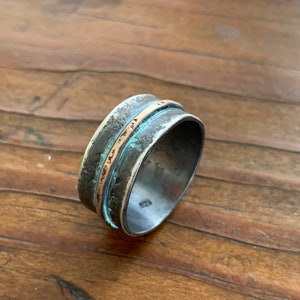 Oxidized Men's Sterling Silver 9mm Wedding Band w/ Rustic Gold Bronze Accent Unique Custom Mixed Metals Viking Ring Unisex for Men Women image 10