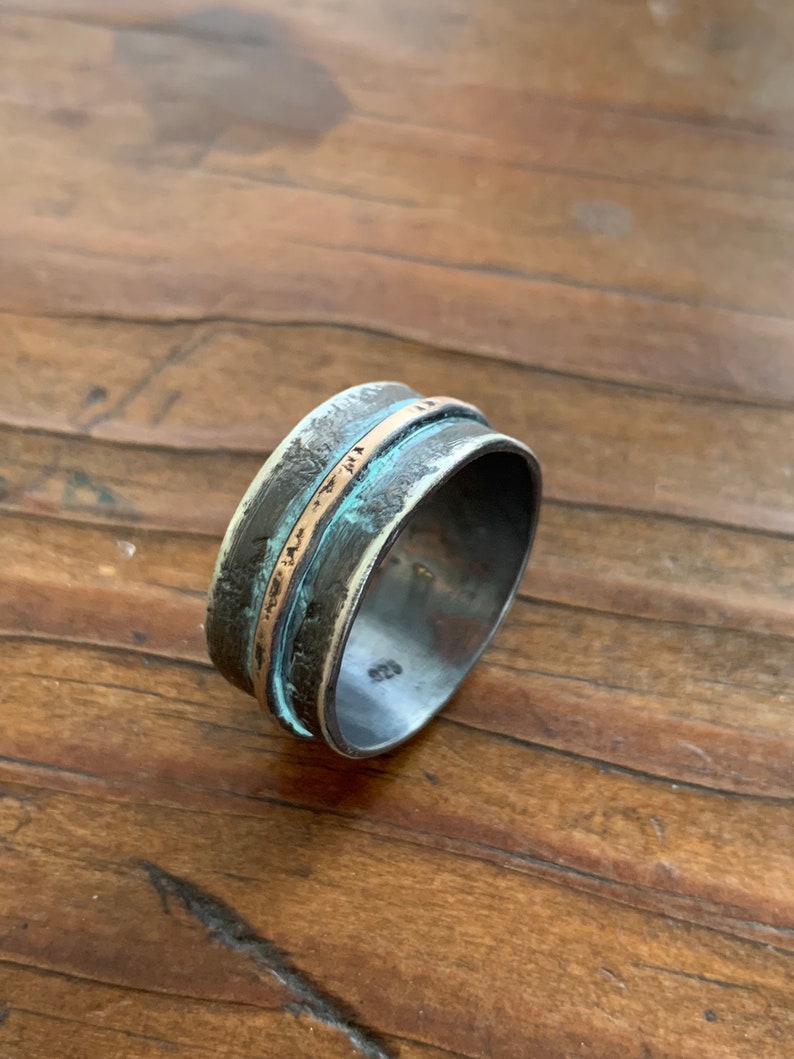 Oxidized Men's Sterling Silver 9mm Wedding Band w/ Rustic Gold Bronze Accent Unique Custom Mixed Metals Viking Ring Unisex for Men Women image 10