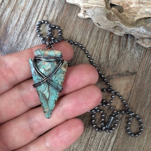 Wire Wrapped Arrowhead Necklace Pendant - Tribal Turquoise and Gold Patina Stone Arrowhead - Unisex December Birthstone Jewelry