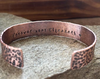 15mm Custom Stamped Rustic Coordinates Bracelet - Oxidized Hammered Copper Cuff - 7th Anniversary Gift - Unique Personalized Jewelry Gift